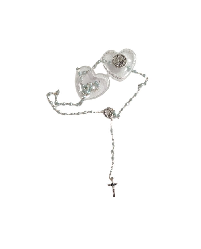 Terço pérola com caixa coração de Fátima