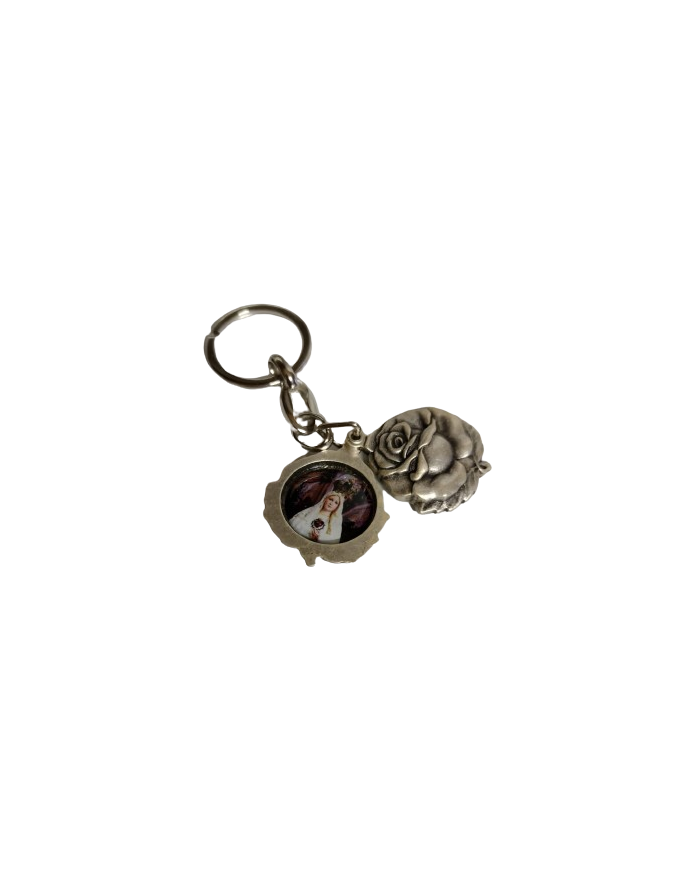 Rose shaped keyring with photos of Fatima/angel from Portugal